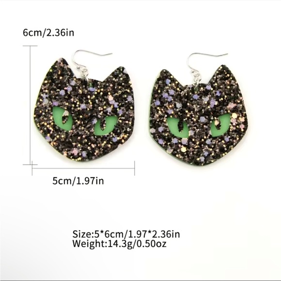 Halloween Black Cat Earrings Glow in the Dark Green Eyes Luminous - Picture 5 of 7